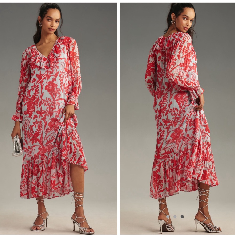Anthropologie Long Sleeve V Neck Chiffon Ruffle Midi Dress new with tags